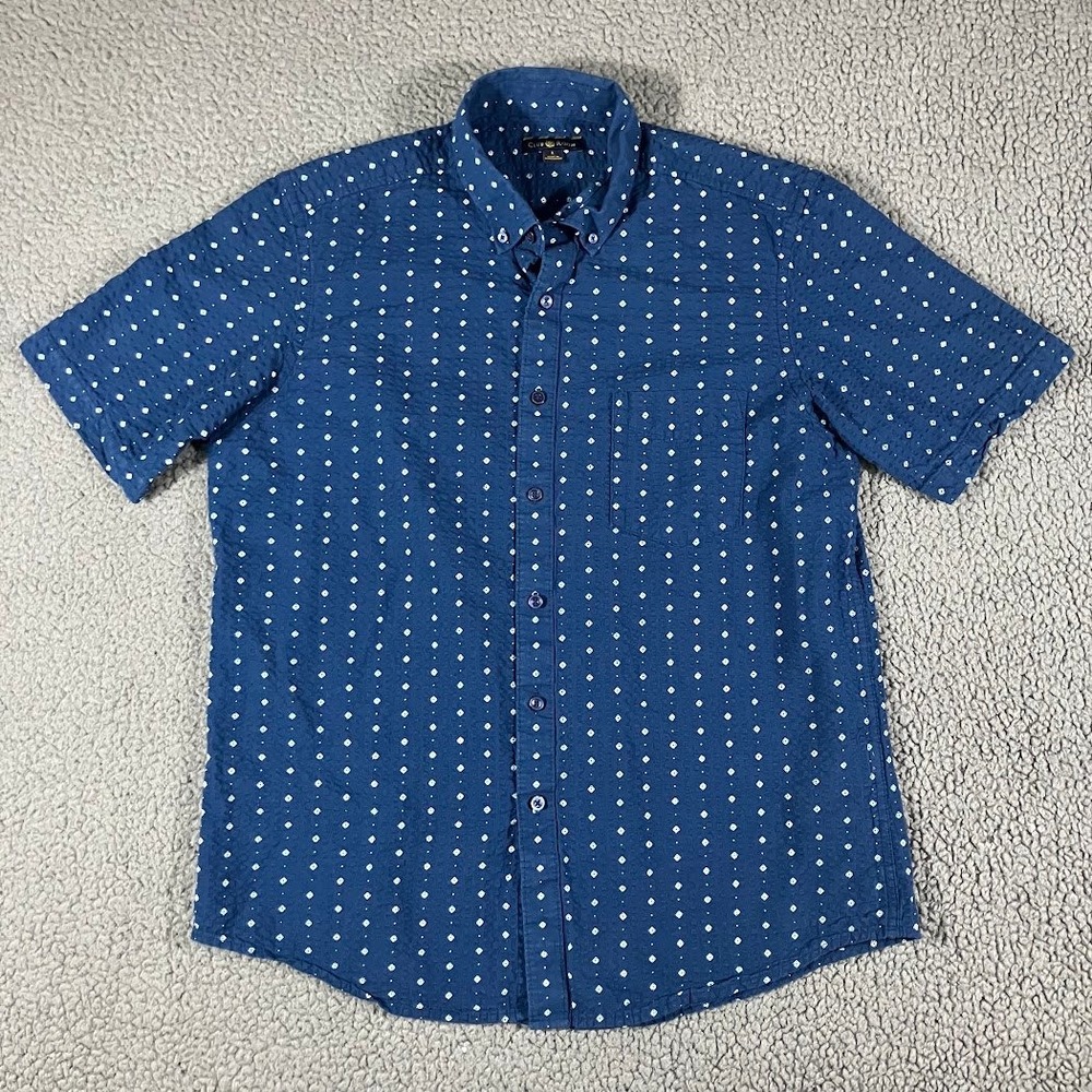 Club Room Mens Large Navy Blue Seersucker Short Sleeve Button Down Shirt Cotton